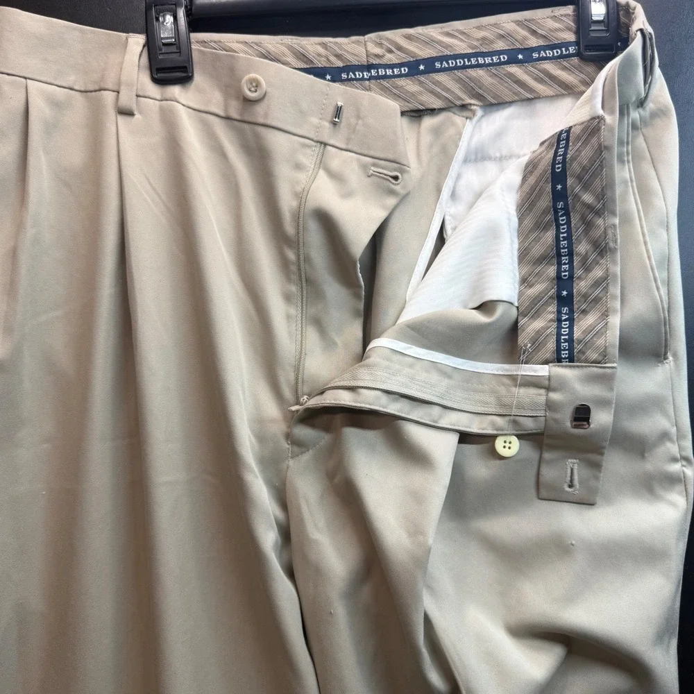 Saddlebred Pleated Dress Pants Mens 40x32 Khaki Tan Cuffed Trousers Office FLAW